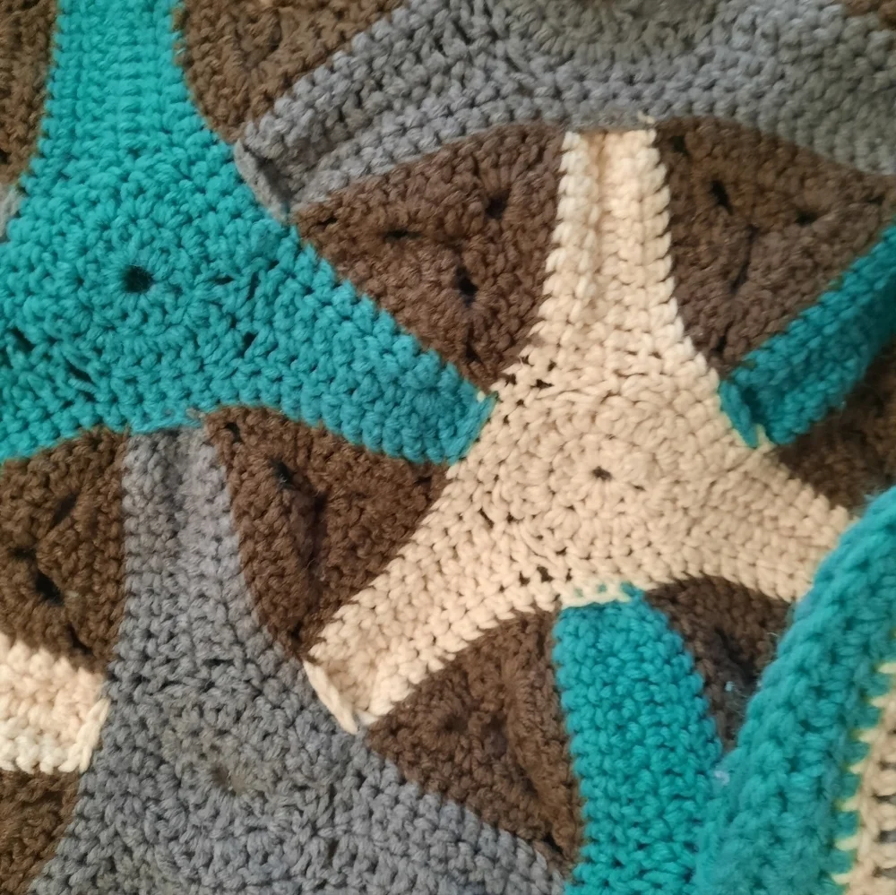 Handmade Crochet in Blue Green, Gray, and Cream 42x36 Throw